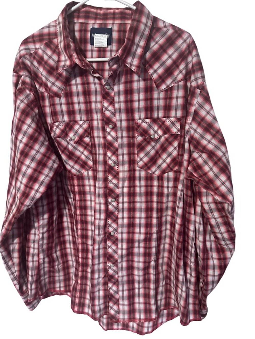 Wrangler red and white plaid snap front exposed stitches size XXL shirt